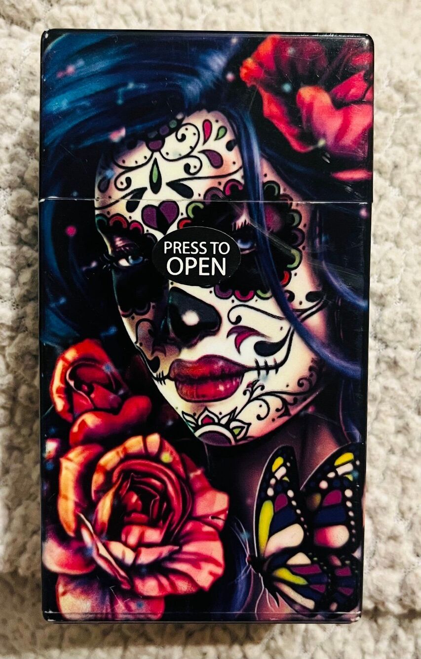 Day of the Dead Sugar Skull Printed 100s Cigarette Case Holder Box PUSH TO OPEN